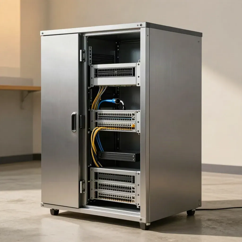 Serverová skříň v technické místnosti při auditu s otevřeným panelem a světlem