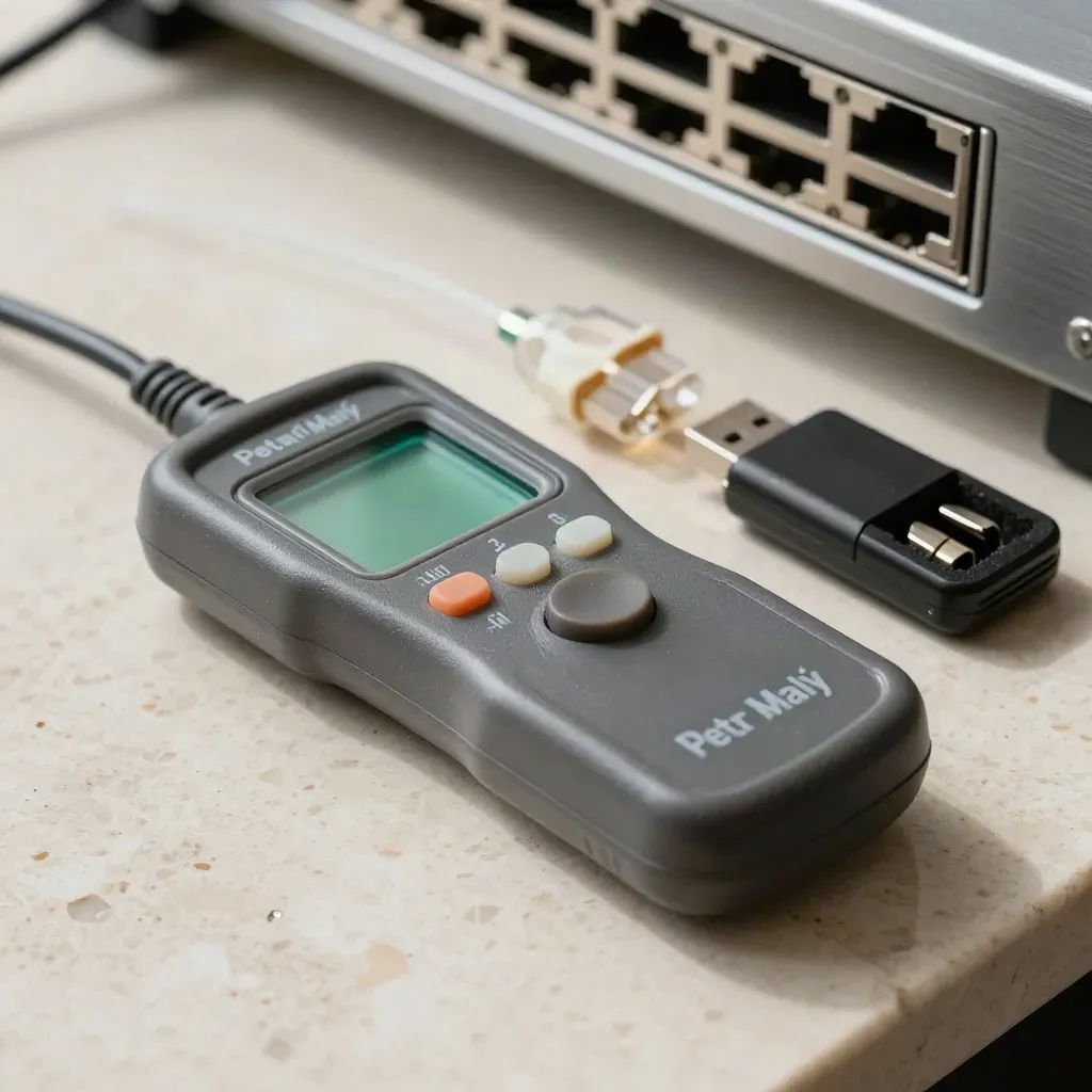 Makro diagnostické sady pro IT: tester, loopbacky, USB klíč a bity na travertinu.