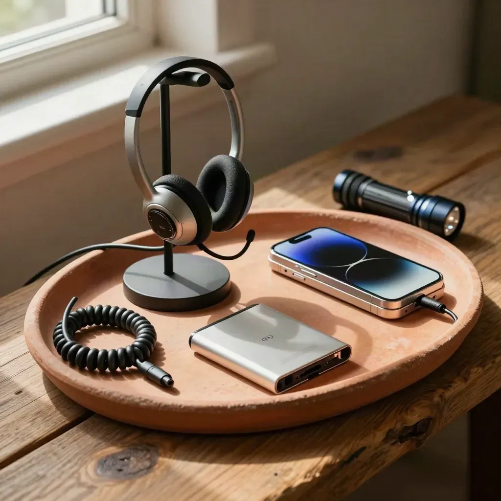 Servisní sada podpory na pracovní lavici: sluchátka, SSD, telefonní základna, baterka a kabel.