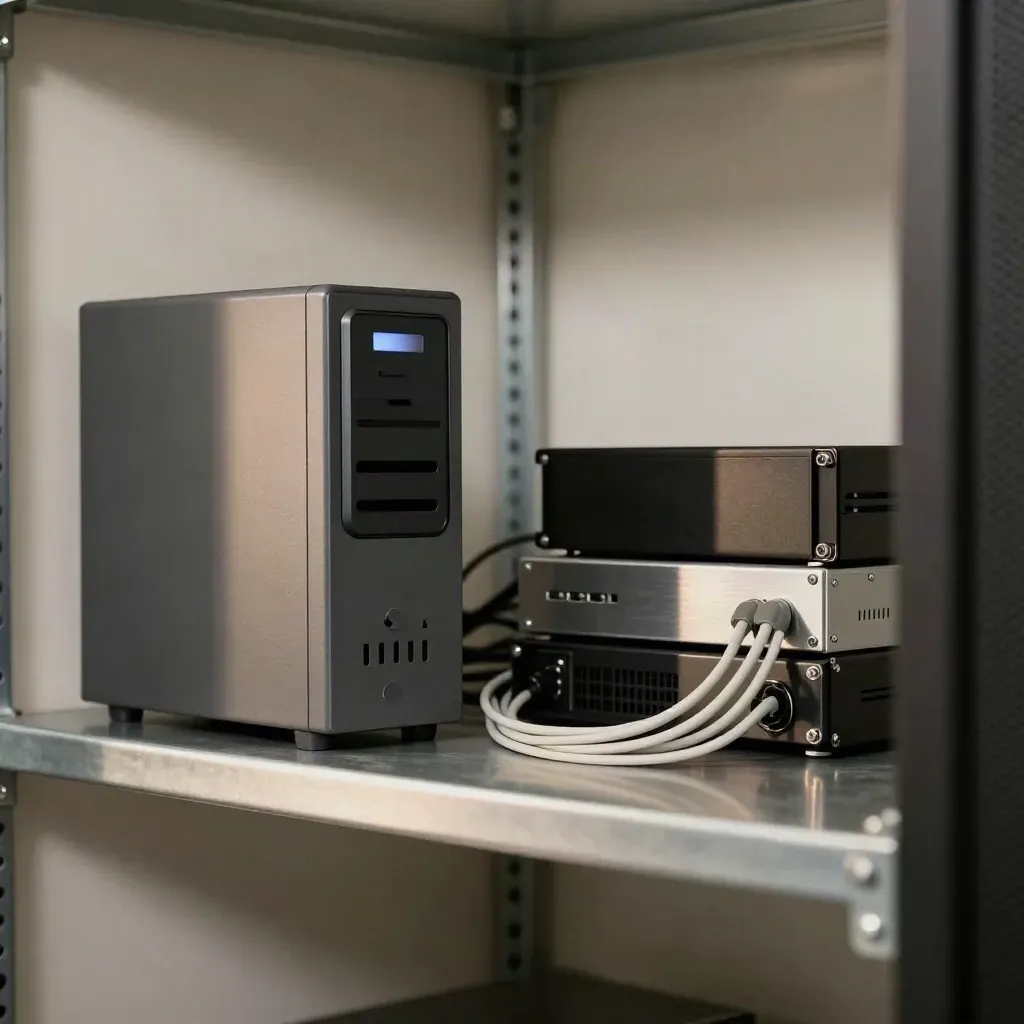 Serverová police se stavovým sloupkem, UPS a dockem pro zálohu v tlumeném světle