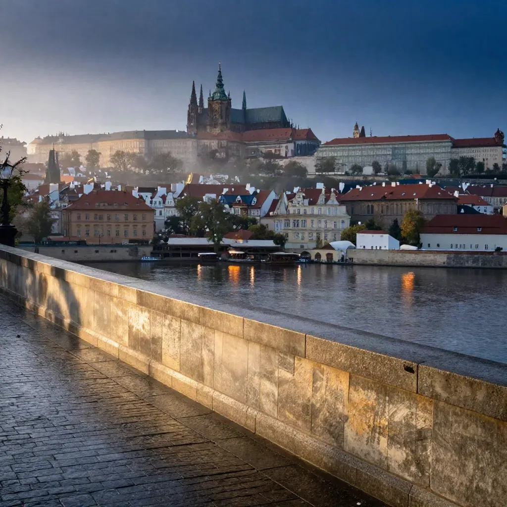 Pražské panorama z Letné s Hradem a Vltavou v měkkém večerním oparu.