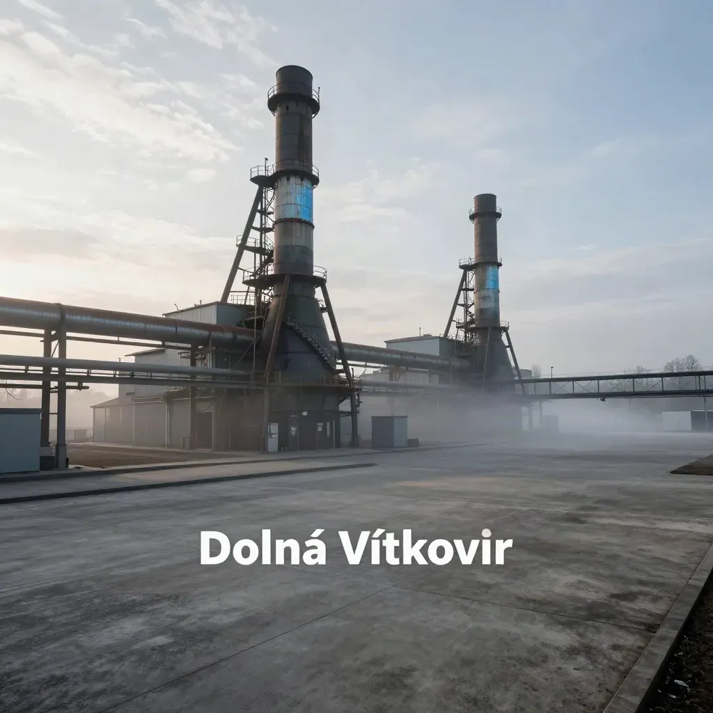 Dolní Vítkovice v Ostravě v ranní mlze, vysoké hutní věže nad klidným šedým prostorem.